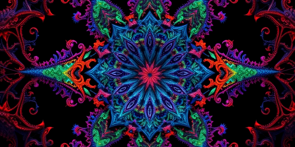 Generate a high-resolution fractal image featuring intricate patterns with vibrant colors in a dark background, using a DSLR camera at f/8 aperture, ISO 100, 24mm lens, macro view with soft focus on the details to enhance texture and depth.