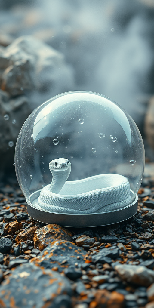 a white snake resting inside a transparent dome surrounded by bubbles and soft mist on a rocky surface