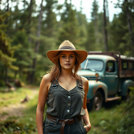 A portrait of a woman in a wide-brimmed hat and an adventurous outfit standing in a lush forest with a vintage truck in the background, captured with a Canon EOS R5, 85mm lens, f/1.8 aperture, ISO 100, natural lighting, and a shallow depth of field for a soft bokeh effect.