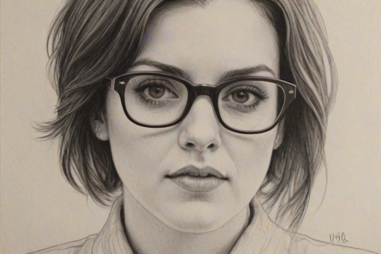 Fetching Melanie Lynskey, pencil sketch, portrait of Alluring woman 1969s in glasses, hair style beatnik, outline, clear lines, fine lines, 8k