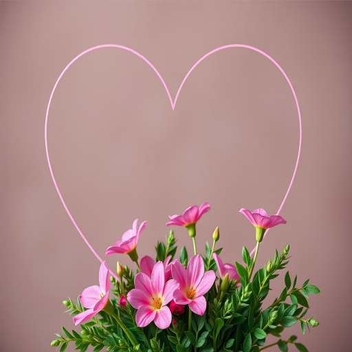 Create a geometric heart outline with a floral arrangement of pink flowers and green foliage at the base, captured in high resolution with a DSLR camera at f/2.8 aperture, 50mm lens, soft lighting, and a focus on vibrant colors.
