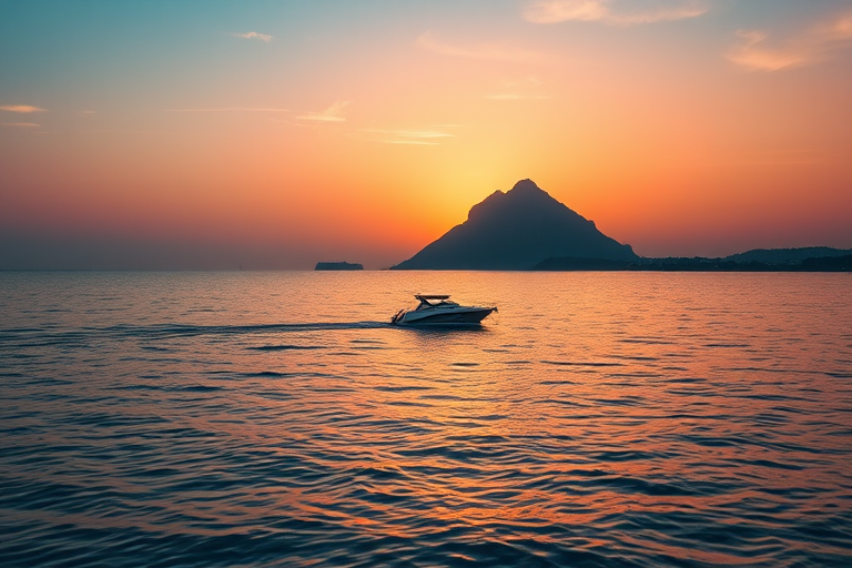 Generate a serene landscape image of a calm sea with a small boat in the foreground and a prominent mountain in the background, captured during golden hour with a shallow depth of field, using a DSLR camera with a 50mm lens, aperture set to f/2.8, ISO 100, and a shutter speed of 1/200 sec, ensuring vibrant colors and sharp details.