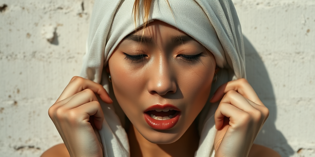 Create a close-up photographic image of a Asian woman with light skin tones shown against an old, worn wall. Their head is wrapped in a white cloth covering (i.e.... parts of the head except the nose and mouth, which are open as if they are screaming...), with a slight texture and visible folds in the fabric. Thin strands of blonde hair escape from the wrapping above, falling lightly at the top and sides. Their hands hold the fabric as if they are tugging nervously. The lighting is dramatic and even, casting strong shadows. The image has a minimalist and surreal style with an emphasis on simplicity with soft color tones. The composition is centered.