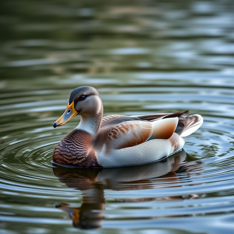 Generate a high-resolution image of a duck resting on water, using a Canon EOS 5D Mark IV, 50mm lens, f/1.8 aperture, ISO 100, with a shallow depth of field, soft natural lighting, and a slight vignette effect.