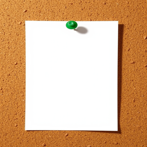 Create a detailed illustration of a blank sheet of paper pinned with a green pushpin on a corkboard, using a DSLR camera with a 50mm lens, aperture set to f/2.8, ISO 100, and natural lighting to enhance image quality and capture fine details.
