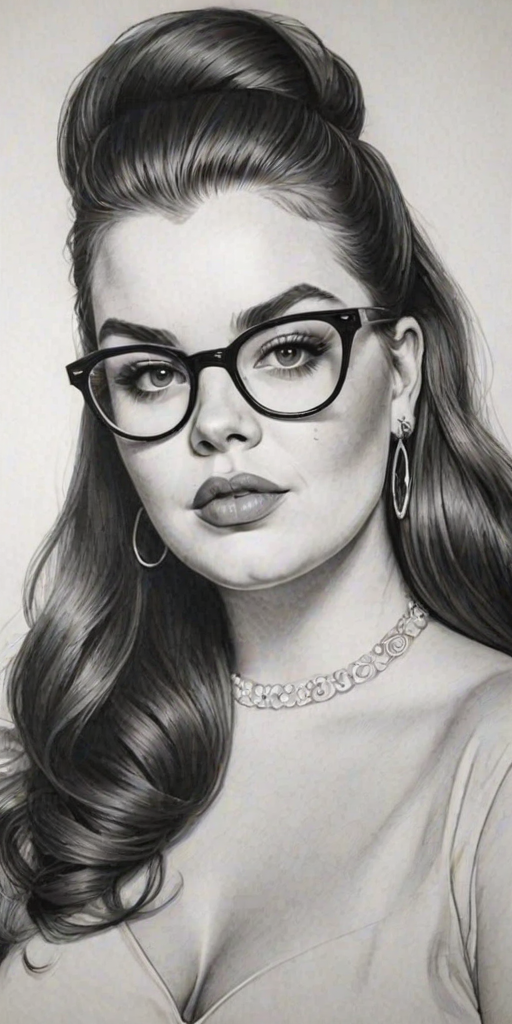 Splendid Tess Holliday, pencil sketch, portrait of Sublime woman 1960s in glasses, hair style beatnik, outline, clear lines, fine lines, 8k