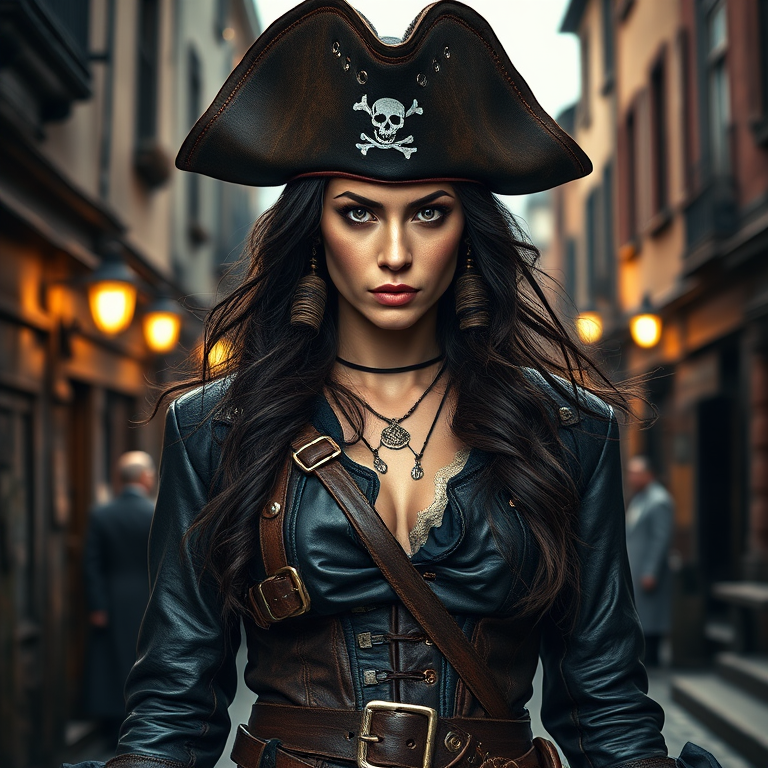Create a portrait of a fierce female pirate. She wears a leather tricorn hat adorned with a skull and crossbones emblem, and her long, dark hair flows around her face. Her outfit consists of a richly detailed leather jacket, a corset, and multiple layers of belts and accessories, giving her a formidable and stylish appearance. She stands confidently in a dimly lit, historic port town, with a backdrop of weathered buildings and cobblestone streets, capturing the adventurous spirit of a pirate.