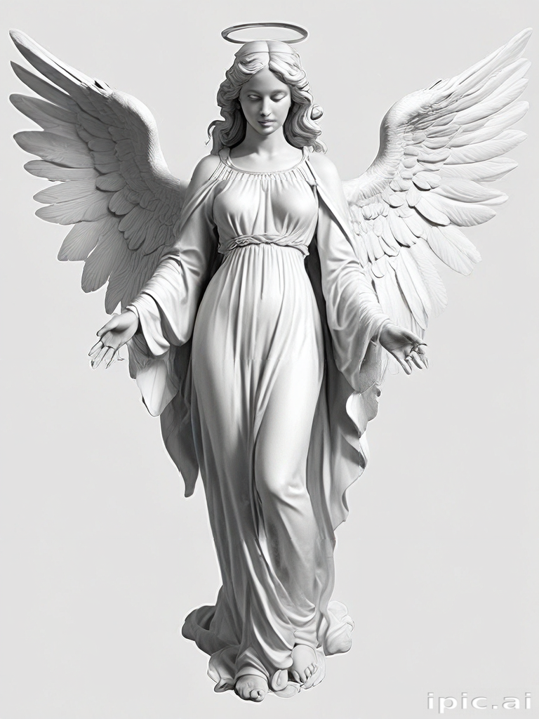 Elegant White Angelic Figure with Outstretched Wings and Serene Expression