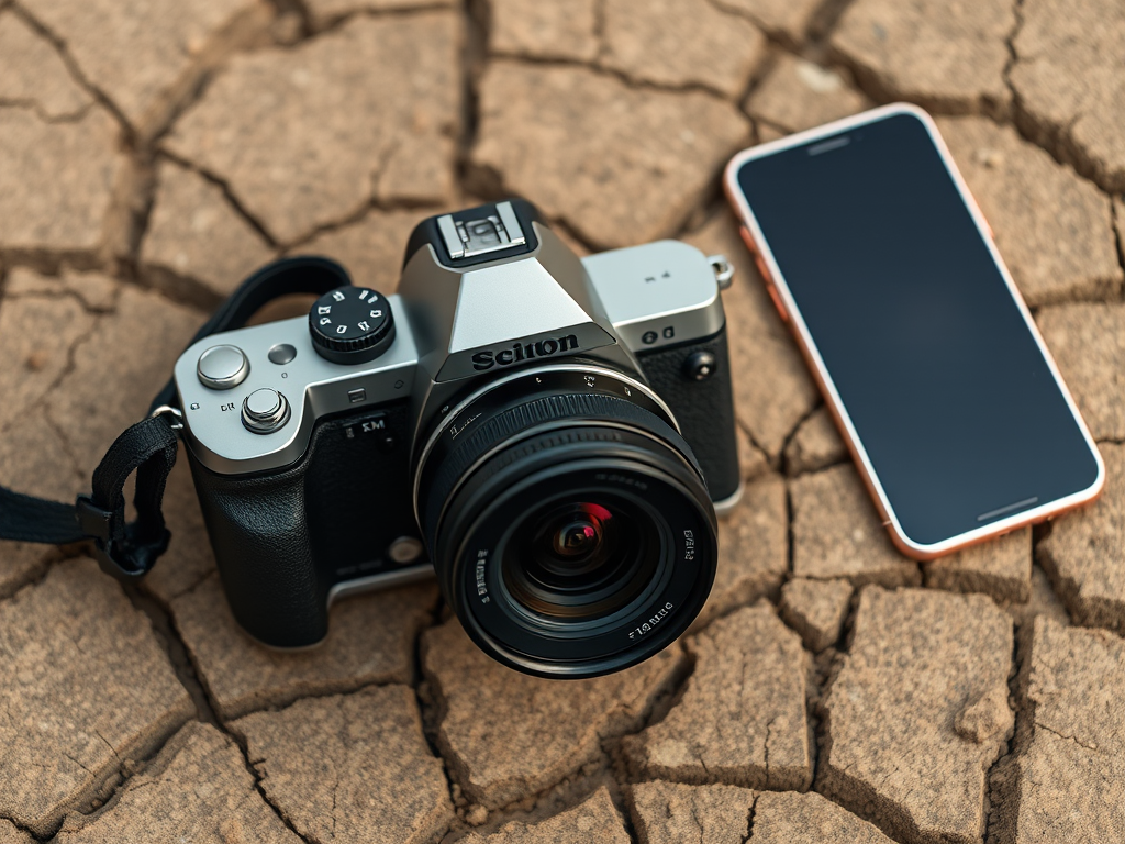 A DSLR camera with a 50mm lens placed on cracked dry soil next to a smartphone, shot from a top-down view with natural lighting, aperture set to f/4, shutter speed 1/250 sec, ISO 100 for high clarity and depth of field.