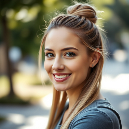 portrait of a woman with long hair styled in a top knot smiling at the camera, shallow depth of field, natural lighting, 85mm lens, f/1.8 aperture, ISO 200, shot from a low angle with a Canon EOS R5