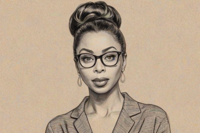 Appealing Erica Ash, pencil sketch, portrait of Enchanting woman 1958s in glasses, hair style beatnik, outline, clear lines, fine lines, 8k
