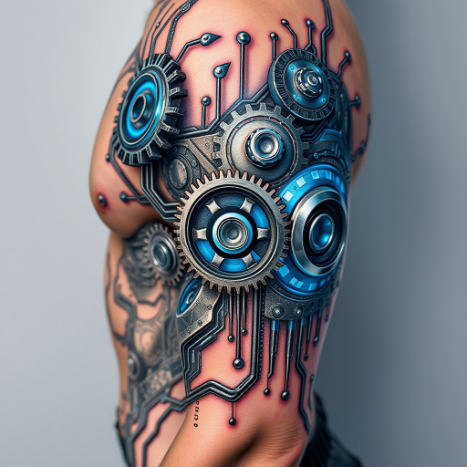 Realistic 3D biomechanical tattoo titled "Cybernetic Fusion" depicting hyper-detailed mechanical gears and circuits seamlessly blending with human anatomy using shades of metallic silver and electric blue