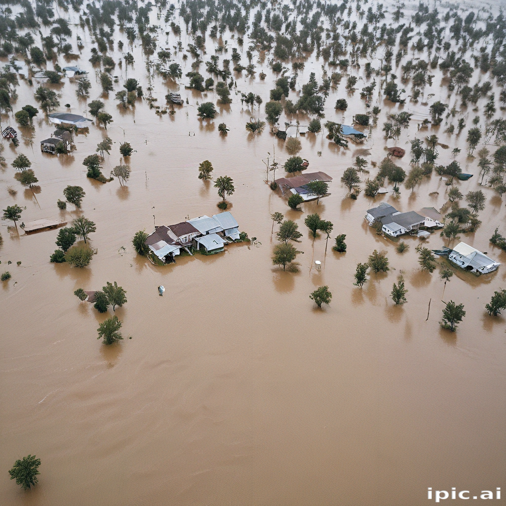 Aerial View of Submerged Houses Surrounded by Flooded Trees and Water.