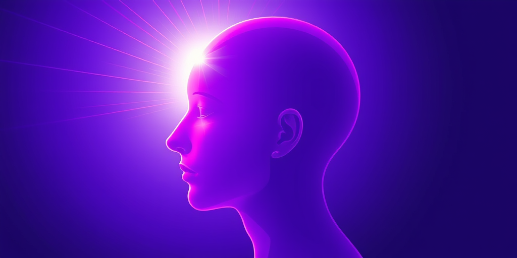 Create a vibrant illustration of a side profile of a human head in solid purple with a glowing white light emanating from the top, incorporating lines indicating energy flow, using a DSLR camera with a 50mm lens at f/1.8, ISO 100, 1/200s shutter speed, in high resolution with a shallow depth of field and dramatic lighting.