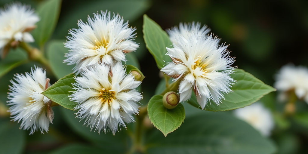 Generate a high-resolution image of a flowering plant with round, white fluffy flowers and large green leaves, using a macro lens, 50mm focal length, f/2.8 aperture, at a focus distance of 0.3m, in natural lighting, with a slightly blurred background for depth.