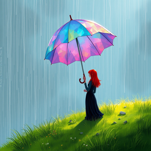 A surreal hand-drawn digital artwork depicting a mysterious red-haired woman standing on a grassy hill under the rain. She holds an umbrella crafted from iridescent zircon, its vibrant sheen contrasting with the soft, rainy atmosphere. The scene feels dreamlike, blending the natural elements of the hill and rain with the otherworldly shimmer of the umbrella.