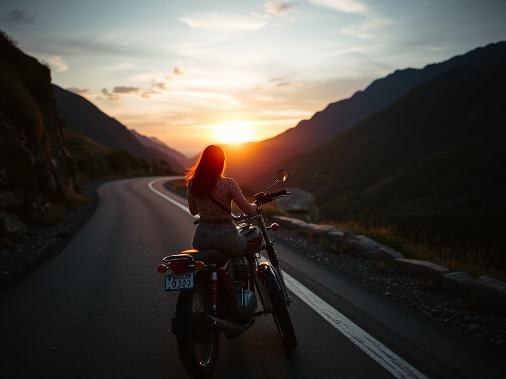Winding mountain road at dusk, a woman rides a vintage motorcycle along the narrow path, the sun setting behind her as the open road stretches out ahead.