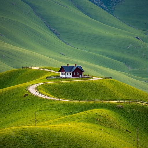 capture a serene landscape with a solitary house on a lush green hillside, use a Canon EOS 5D Mark IV, set aperture to f/8, ISO 100, shutter speed 1/200s, focus on the house with blurred background, shoot from a slight elevation for a wider view, ensure vivid colors and sharp details