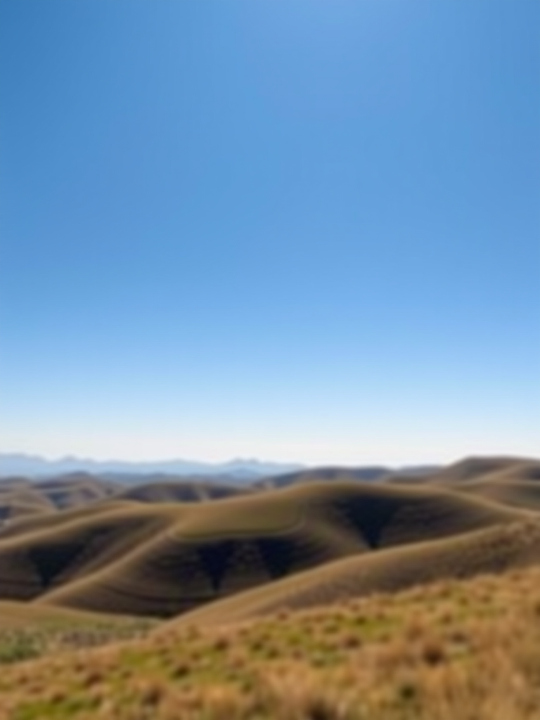 Generate a high-resolution image of a serene landscape with rolling hills under a bright blue sky, captured using a DSLR camera with a 50mm lens at f/4, ISO 100, and a shutter speed of 1/200 sec, from a slightly elevated viewpoint to enhance depth.