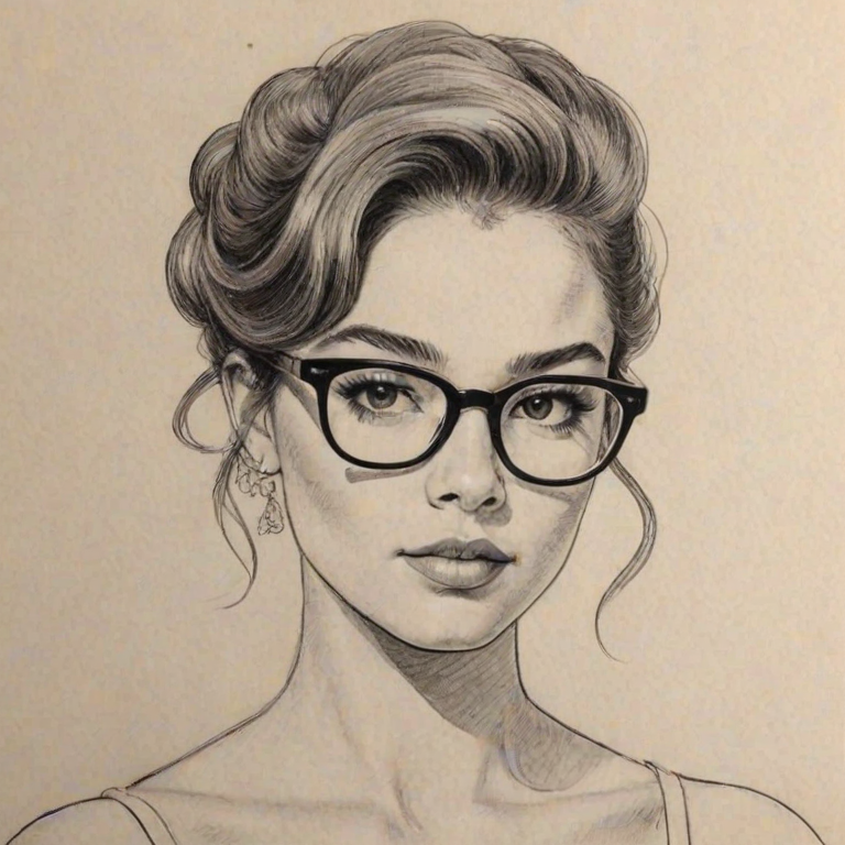 Sublime Ashley Moore, pencil sketch, portrait of Beauteous woman 1962s in glasses, hair style beatnik, outline, clear lines, fine lines, 8k