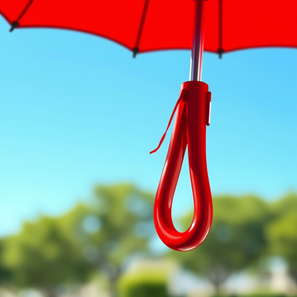 Create a high-resolution illustration of a red umbrella with a curved handle, using a wide aperture of f/2.8 for a shallow depth of field, shot from a slightly low angle to highlight the canopy, with vibrant colors and sharp details, simulating a digital camera type like a Canon EOS with a focal length of 50mm.