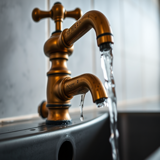 Create a hyper-realistic image of a vintage brass faucet with water flowing out, shot with a DSLR camera at f/2.8 aperture, ISO 100, 1/200s shutter speed, using a 50mm lens from a low angle perspective, and apply soft natural lighting for enhanced details.