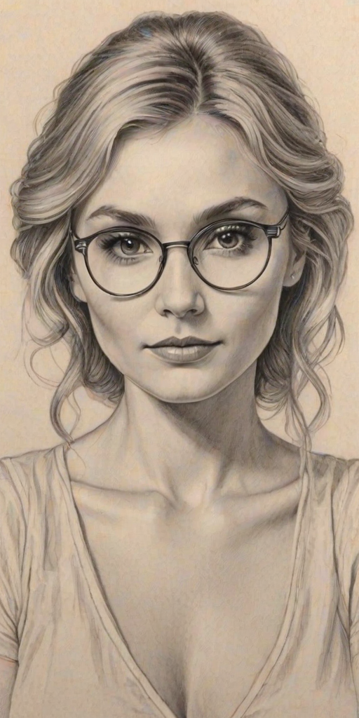 Resplendent Clare Bowen, pencil sketch, portrait of Gorgeous woman 1975s in glasses, hair style beatnik, outline, clear lines, fine lines, 8k