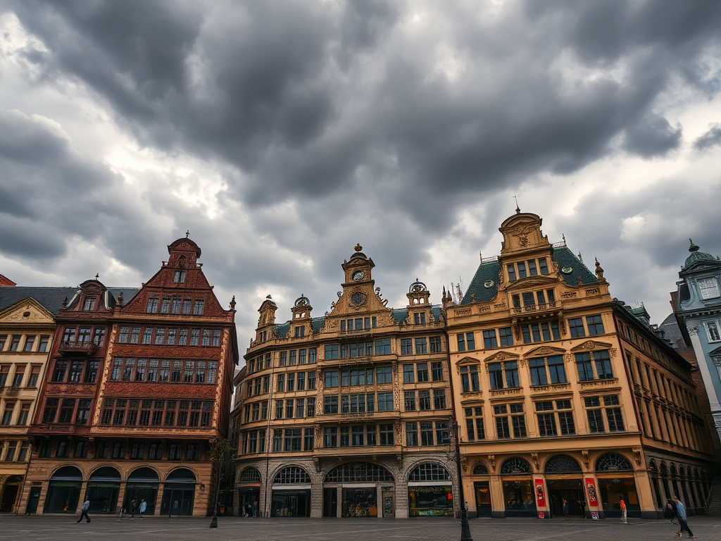 photograph of ornate historical buildings in a city square under a cloudy sky, use a wide-angle lens at f/8 aperture, ISO 200, shutter speed 1/250s, taken with a DSLR camera in HDR style to enhance details and contrast