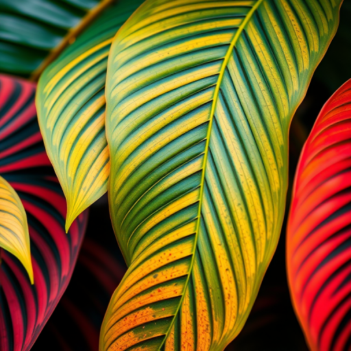 tropical leaves pattern, vibrant colors, intricate detailing, soft natural lighting, depth of field, macro lens, f/2.8 aperture, ISO 100, shutter speed 1/125s, shot with a DSLR camera