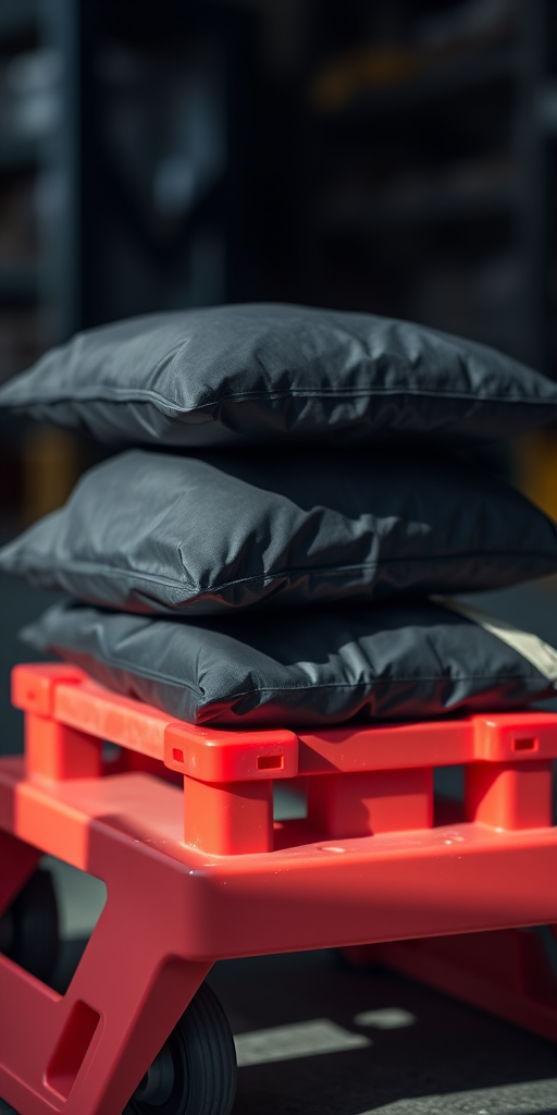 a stack of four black bags resting on a red dolly, well-lit with soft shadows, focus on the texture of the bags, aperture f/4, 1/125s shutter speed, ISO 100, 35mm lens, macro photography style, shot with a DSLR camera