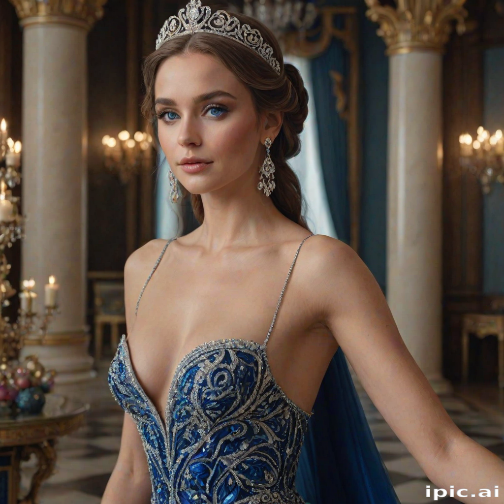 A gorgeous woman in a luxurious blue gown, accessorized with a dazzling tiara and statement earrings, her deep blue eyes highlighted by impeccable makeup, poised in a royal setting, photorealistic, 8K quality