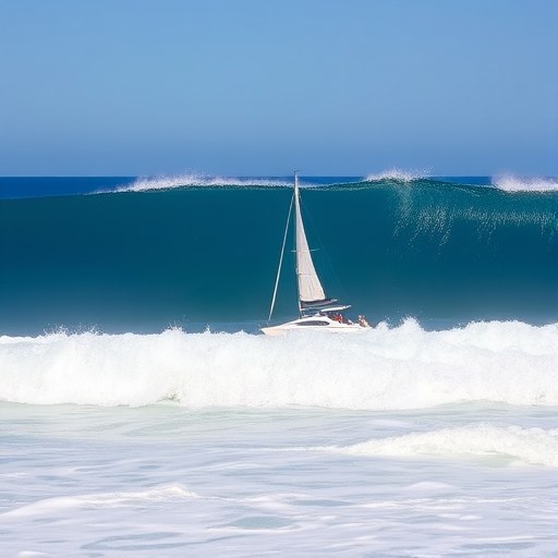 Create an image of a catamaran sailing on a large, rolling ocean wave under a clear sky.