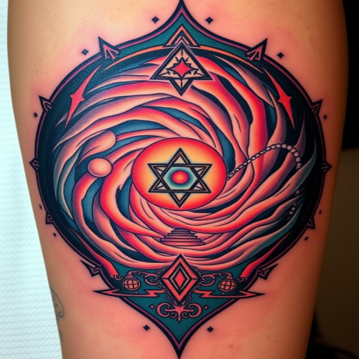 Sci-fi portal tattoo depicting a swirling vortex leading to another dimension, incorporating elements of sacred geometry and cosmic imagery for a mind-bending interdimensional design
