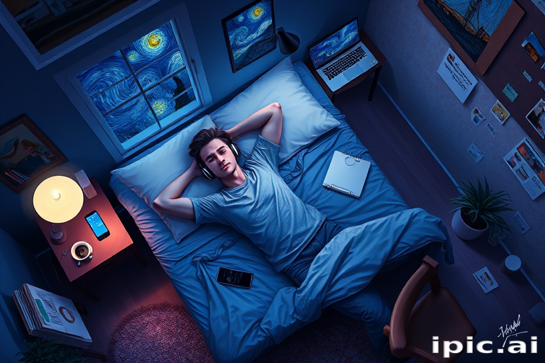 A top-down Van Gogh-style painting of a young man lying on his bed, listening to music with headphones. The room is softly lit with deep blues and purples, creating a peaceful nighttime atmosphere. The bed has a soft pillow, and the man's arms are resting behind his head. Around the bed, various glowing gadgets such as a smartphone, a laptop, and a small lamp are visible, casting a gentle light. The rest of the bedroom includes a desk with books, a chair, and a small rug on the floor. A window near the bed reveals a starry night sky with swirling stars, reminiscent of Van Gogh's 'Starry Night.' On the desk, there is a sketchbook with colorful drawings, a cup of coffee steaming gently, and a small potted plant. The walls have posters of famous paintings and a corkboard with pinned notes and photos. The scene is full of dynamic, swirling brushstrokes, capturing the essence of Van Gogh's unique style. The overall mood is serene and contemplative, with a touch of artistic inspiration.