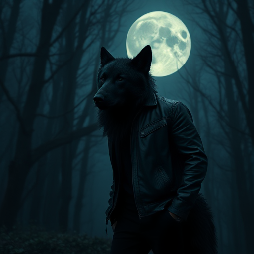 Create an image of a mysterious scene with a man in a black leather jacket standing confidently beside a large black wolf under a full moon, surrounded by dark, misty woods, using a Canon EOS R5, 85mm lens, f/1.4 aperture, ISO 400, with a cinematic style and dramatic lighting to enhance the atmosphere.