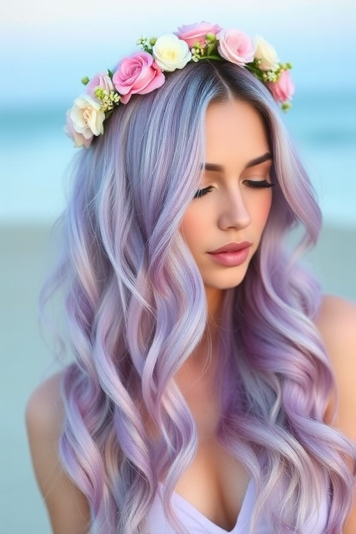 Luscious lavender ombre fading into soft pastel blue, styled in loose beachy waves with delicate flower crown accents, evoking a dreamy ethereal look named Twilight Bloom