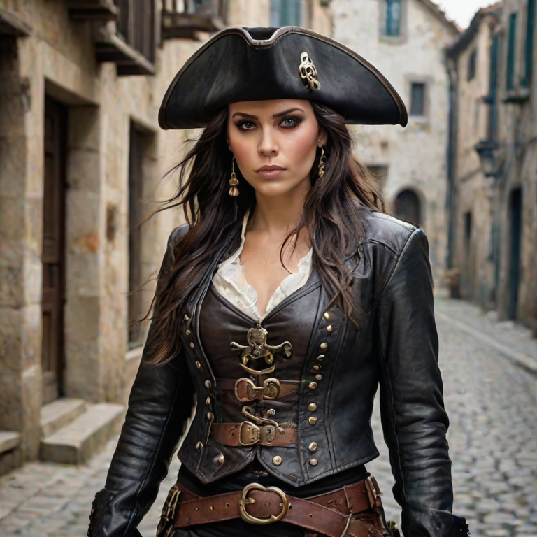 Create a portrait of a fierce female pirate. She wears a leather tricorn hat adorned with a skull and crossbones emblem, and her long, dark hair flows around her face. Her outfit consists of a richly detailed leather jacket, a corset, and multiple layers of belts and accessories, giving her a formidable and stylish appearance. She stands confidently in a dimly lit, historic port town, with a backdrop of weathered buildings and cobblestone streets, capturing the adventurous spirit of a pirate.