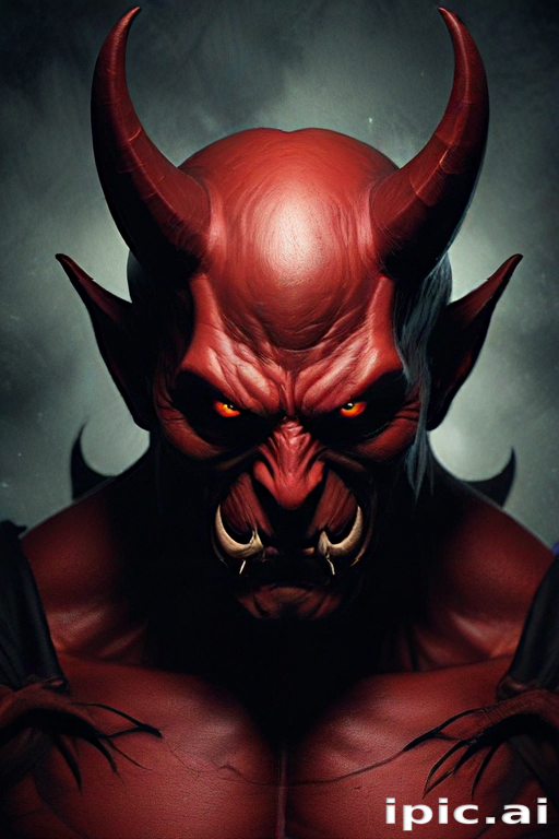 Intense Portrait of a Red Demon with Fiery Eyes and Horns