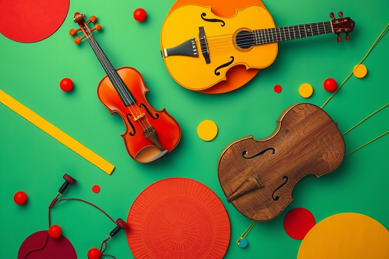 Create a vibrant abstract composition featuring musical instruments like a violin and guitar, with dynamic shapes and bold colors in red, yellow, and green, captured with a Canon EOS R5, 50mm lens, f/2.8 aperture, ISO 100, and a top-down perspective for enhanced detail and color contrast.