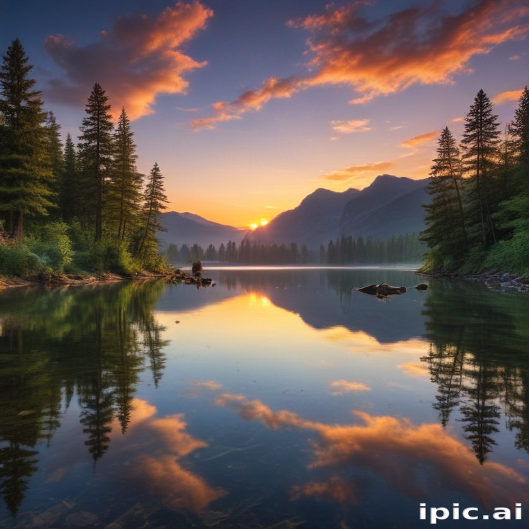 Serene Sunset Over a Tranquil Lake Surrounded by Majestic Mountains