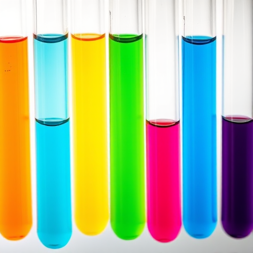 Close-up of five test tubes with colorful liquids (orange, yellow, green, blue, purple) on a white background, using a macro lens at f/2.8, ISO 100, shutter speed 1/250s, shot with a DSLR camera for enhanced detail and vibrant colors.