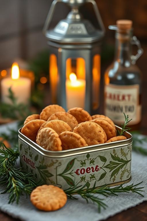 Capture a cozy still life of a decorative tin filled with homemade crackers, surrounded by fresh rosemary, a warm glowing lantern in the background, and a vintage bottle, shot with a 50mm lens at f/1.8, ISO 200, and a warm color temperature to enhance the inviting atmosphere.