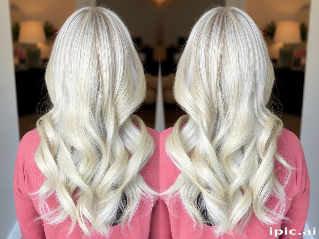 Ethereal waist-length white-blonde waves with a center part, showcasing a subtle silver sheen and baby hairs artfully styled, evoking an angelic appearance
