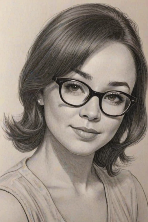 Charming Danielle Harris, pencil sketch, portrait of Gorgeous woman 1955s in glasses, hair style beatnik, outline, clear lines, fine lines, 8k