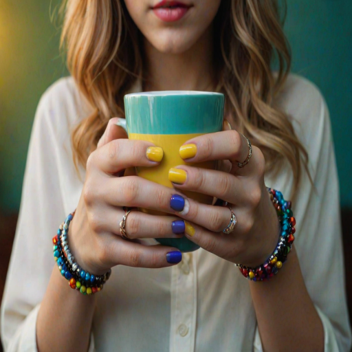 detailed edges, detailed image, perfection style, A cinematic detailed image of a woman with colorful nails holding a cup in front of camera, movie themed, sharp, detailed background, epic cinematic photography, artistic style, dramatic light style, cinematic color style, Kodak 35mm film style, detailed style, hand focus style, 1girl, solo, holding, jewelry, nail polish, blurry, bracelet, fingernails, depth of field, blurry background, red nails, close-up, blue nails, green nails, yellow nails, multicolored nails, nail art, pink nails, realistic, long sleeves, black shirt, beads, bead bracelet, photorealistic, hand focus