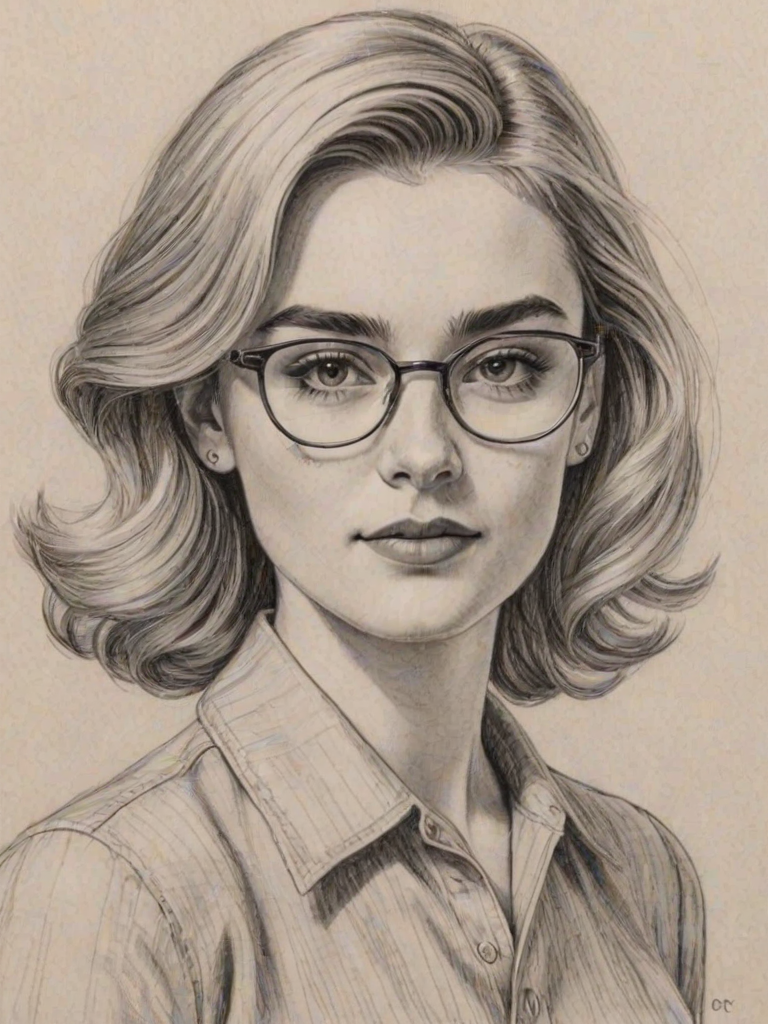Comely Meg Donnelly, pencil sketch, portrait of Splendid woman 1948s in glasses, hair style beatnik, outline, clear lines, fine lines, 8k