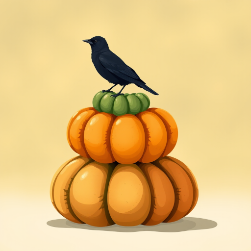 Generate an illustration of three stacked pumpkins in varying shades of green and orange with a black bird perched on top, using a soft focus lens, f/2.8 aperture, 50mm lens, and natural lighting to enhance the colors and textures.