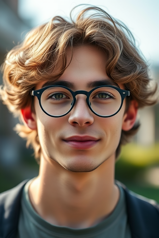 Create a high-resolution portrait of a young man with round glasses and wavy hair, using a Canon EOS R5 with a 50mm f/1.2 lens, ISO 100, 1/200 sec, with a soft focus background and natural lighting for enhanced detail and color vibrancy.