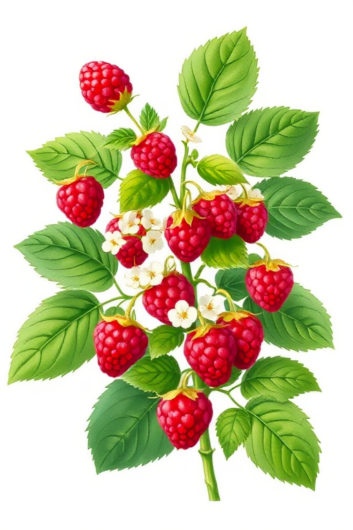 create a detailed illustration of a raspberry plant with vibrant red raspberries, lush green leaves, and delicate white flowers, all on a simple white background.