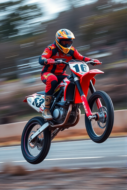 Generate an image of a motorcyclist performing a stunt on a motocross bike, captured with a 35mm lens, f/2.8 aperture, ISO 200, shutter speed 1/1000 sec, using a high-speed continuous shooting mode, with a dynamic angle and motion blur effect in the background to emphasize speed.